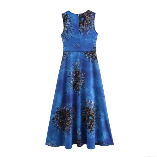 Women Elegant V-Neck Sleeveless Maxi Dress Summer Vacation Beach Party Abstract Floral Print High Waist Long Dress With Belt