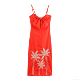 Women's Sexy Red Cami Maxi Dress With Large Bow Front And Palm Tree Embroidery Sweet Vacation Style Sleeveless Back Zipper Slit Long Dress