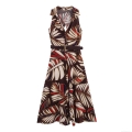 Maxi Dress Women's Western Style V-Neck Sleeveless Backless Printed Polyester Linen Dress With Belt Elegant Leaf Pattern Summer Long Dress