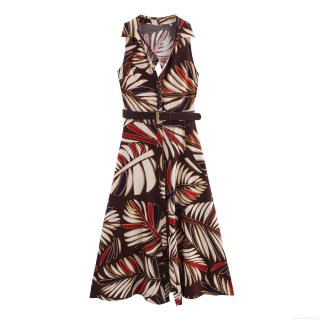 Maxi Dress Women's Western Style V-Neck Sleeveless Backless Printed Polyester Linen Dress With Belt Elegant Leaf Pattern Summer Long Dress