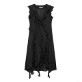 Elegant Women's Sleeveless V-Neck Maxi Dress Romantic Polyester Ruffle Trim Irregular Hem Solid Color Vacation Style Black Long Sundress