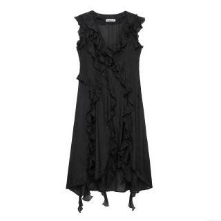 Elegant Women's Sleeveless V-Neck Maxi Dress Romantic Polyester Ruffle Trim Irregular Hem Solid Color Vacation Style Black Long Sundress