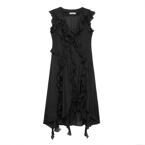 Elegant Women's Sleeveless V-Neck Maxi Dress Romantic Polyester Ruffle Trim Irregular Hem Solid Color Vacation Style Black Long Sundress