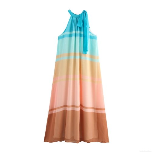 Women's Halter Neck Chiffon Maxi Dress Gradient Striped Sleeveless Summer Beach Resort Style Long Sundress For Women