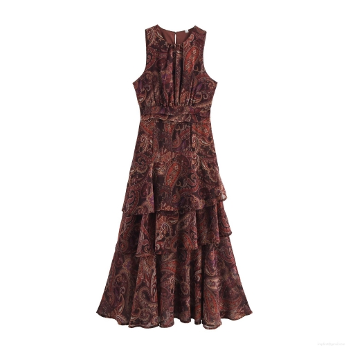 Women's Retro Paisley Sleeveless Chiffon Maxi Dress Elegant High Waist Tiered Ruffle Bohemian Long Dress For Summer Vacation Ladies