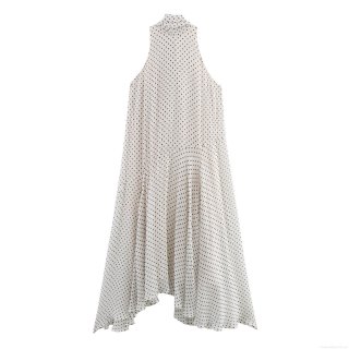 Women Elegant Polka Dot Halter Neck Maxi Dress Chiffon Feel High Waist Sleeveless Irregular Hem A-Line Long Swing Dress For Summer Party Vacation