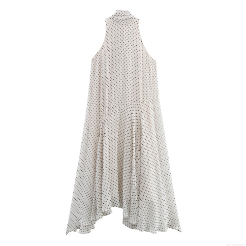 Women Elegant Polka Dot Halter Neck Maxi Dress Chiffon Feel High Waist Sleeveless Irregular Hem A-Line Long Swing Dress For Summer Party Vacation