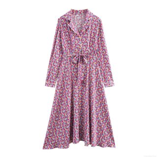 Women French Pastoral Floral Maxi Dress Elegant Lapel Long Sleeve Button Down Polyester Dress With Waist Tie Vintage Chic Floral Printed Long Dress