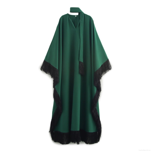 Women's Elegant Dark Green Polyester Maxi Dress With Black Tassel Trim Batwing Sleeve V-Neck Loose Long Gown For Vacation Evening Party Lady Luxury Clothing