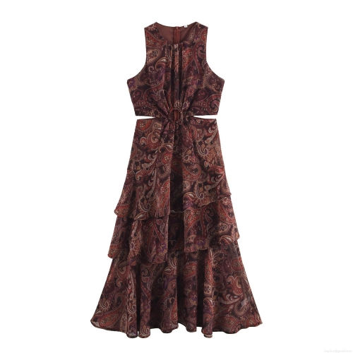 Women Retro Paisley Print Chiffon Maxi Dress Boho Sleeveless Halter Hollow Out Layered Ruffle Vacation Beach Party Fashion Long Dress For Lady