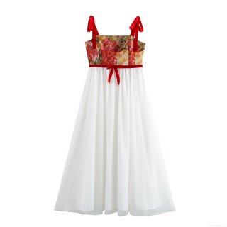 Women's Vintage Palace Style Maxi Dress With Floral Jacquard Mesh Tulle Bow Shoulder Straps Elegant High Waist Lace Up Long Gown Party Dress