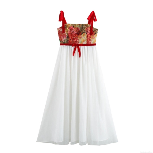 Women's Vintage Palace Style Maxi Dress With Floral Jacquard Mesh Tulle Bow Shoulder Straps Elegant High Waist Lace Up Long Gown Party Dress