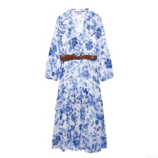 Women's Elegant Blue and White Floral Chiffon Maxi Dress V Neck Ruffle Long Sleeve Boho Long Dress With Belt For Summer Vacation Holiday Party