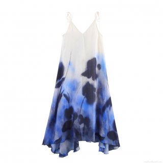 Women's Elegant European American Style Linen Blend Maxi Dress V-Neck Backless Gradient Ink Floral Print Vacation Sling Long Dress For Beach Party