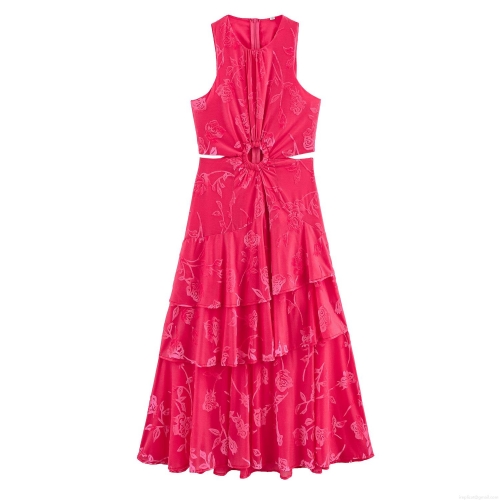 Elegant Women Rose Red Halter Neck Cutout Waist Tiered Ruffle Maxi Dress Jacquard Rose Flower Pattern Sleeveless Polyester Summer Vacation Party Long Dress