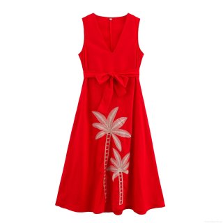 Women Red Sleeveless V-Neck Maxi Dress Elegant Coconut Tree Embroidery Belted Waist Summer Holiday Vacation Long Dress Women Clothing