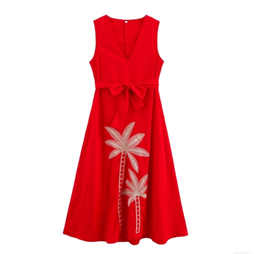 Women Red Sleeveless V-Neck Maxi Dress Elegant Coconut Tree Embroidery Belted Waist Summer Holiday Vacation Long Dress Women Clothing