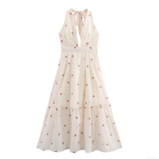 Women's French Halter Backless Maxi Dress Elegant Red Rose Embroidery Tiered Chiffon Cake Dress Summer Vacation Party Sleeveless Gown