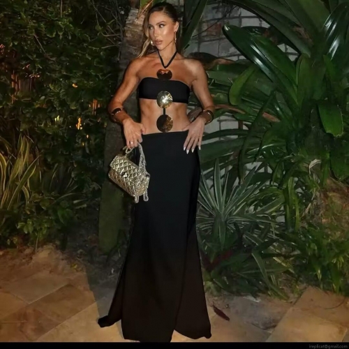 Women Sexy Halter Neck Maxi Dress Waist Cut Out With Gold Metal Rings Solid Color Polyester Beach Vacation Party Elegant Long Dress