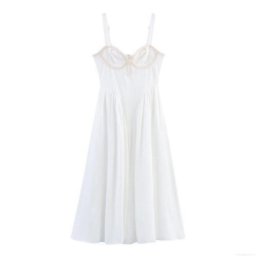 Women Sweet Braided Flower Decor Maxi Dress Square Neck High Waist Sleeveless Polyester Long Dress With Adjustable Straps For Vacation Party Elegant Western Style