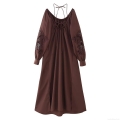 Women's Vintage Elegant Hollow Lace Embroidery Maxi Dress U-Neck Backless Tie-Up Long Sleeve Polyester Dress For Party Vacation Autumn Fashion
