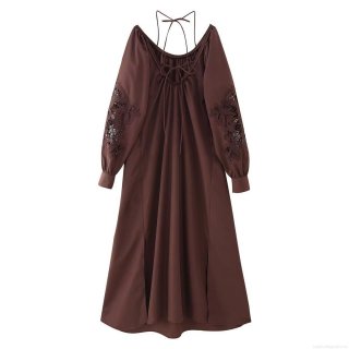 Women's Vintage Elegant Hollow Lace Embroidery Maxi Dress U-Neck Backless Tie-Up Long Sleeve Polyester Dress For Party Vacation Autumn Fashion