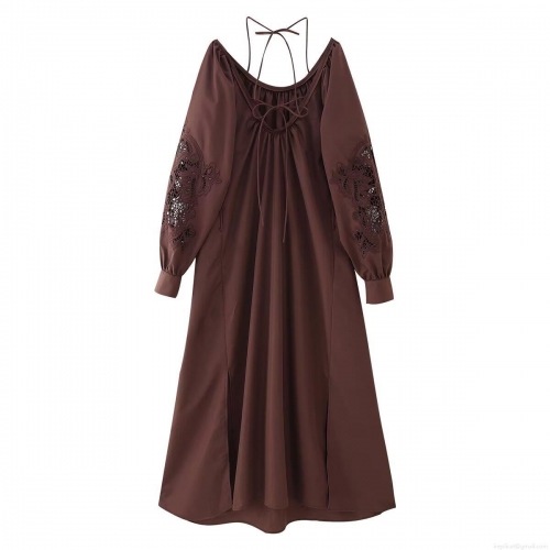 Women's Vintage Elegant Hollow Lace Embroidery Maxi Dress U-Neck Backless Tie-Up Long Sleeve Polyester Dress For Party Vacation Autumn Fashion