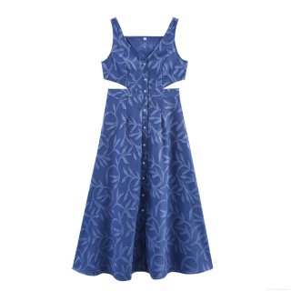 Women Sexy V Neck Waist Cut-out Maxi Dress Elegant 3D Leaf Jacquard Single Breasted Sleeveless Denim Texture Polyester Long Party Dress