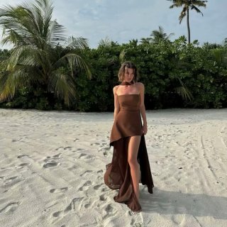 Elegant Women Halter Bandeau Maxi Dress Sexy Polyester High Slit Irregular Hem Long Party Dress For Vacation Evening Wedding Guest Sexy Solid Color Sleeveless Splicing Scarf Neck Vestidos