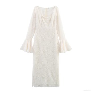 Women's Elegant Lace Polyester Maxi Dress Square Neck Flare Long Sleeve Slim Fit Bodycon Style For Party Wedding Elegant Lady Sexy Dress