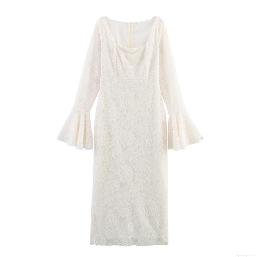Women's Elegant Lace Polyester Maxi Dress Square Neck Flare Long Sleeve Slim Fit Bodycon Style For Party Wedding Elegant Lady Sexy Dress