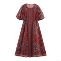 Women Vintage Floral Print Maxi Dress Short Puff Sleeve Round Neck Boho Vacation Beach A-Line Long Dress With Buttons Polyester Material