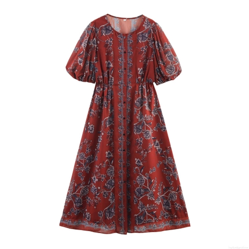 Women Vintage Floral Print Maxi Dress Short Puff Sleeve Round Neck Boho Vacation Beach A-Line Long Dress With Buttons Polyester Material
