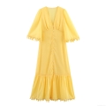 Elegant Yellow V-Neck Maxi Dress With Flare Sleeve Lace Trim Pearl Button Chiffon Summer Vacation Long Dress For Women