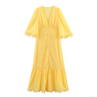 Elegant Yellow V-Neck Maxi Dress With Flare Sleeve Lace Trim Pearl Button Chiffon Summer Vacation Long Dress For Women