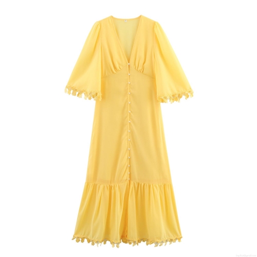 Elegant Yellow V-Neck Maxi Dress With Flare Sleeve Lace Trim Pearl Button Chiffon Summer Vacation Long Dress For Women