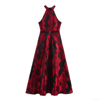 Women's Elegant Halter Neck Maxi Dress Jacquard Floral Pattern Sleeveless High Waist A-Line Large Hem Dress With Belt For Evening Party Wedding Guest Vintage Style