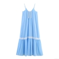 Sweet Light Blue Chiffon Camisole Dress For Women Lace Patchwork Square Neck Pleated Ruffle Hem Maxi Long Dress Elegant Summer Sleeveless Party Vacation Clothing