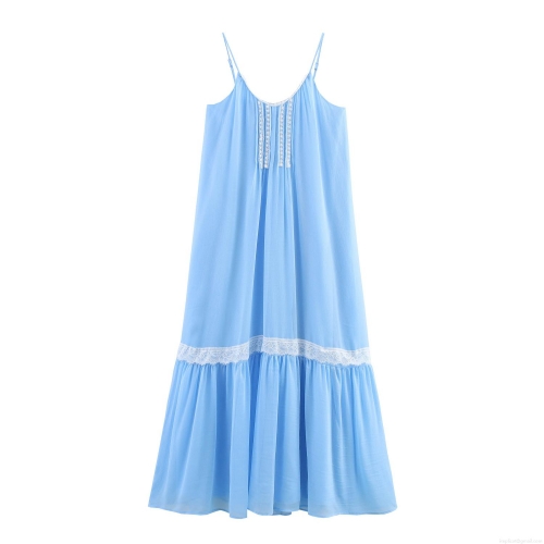 Sweet Light Blue Chiffon Camisole Dress For Women Lace Patchwork Square Neck Pleated Ruffle Hem Maxi Long Dress Elegant Summer Sleeveless Party Vacation Clothing