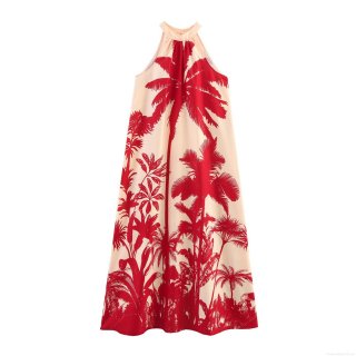 Women's Summer Halter Maxi Dress Tropical Palm Tree Print Sleeveless A-Line Loose Polyester Beach Vacation Sundress For Women