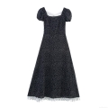 French Elegant Polka Dot Maxi Dress With Back Bow And Puff Sleeve Square Neck Lace Trim Slim Fit Retro Long Dress For Women