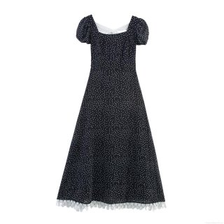 French Elegant Polka Dot Maxi Dress With Back Bow And Puff Sleeve Square Neck Lace Trim Slim Fit Retro Long Dress For Women