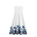 Women's Summer Beach Vacation Coconut Tree Print Maxi Slip Dress Sexy Backless Lace-up High Waist Sleeveless Polyester Long Dress