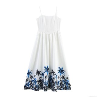 Women's Summer Beach Vacation Coconut Tree Print Maxi Slip Dress Sexy Backless Lace-up High Waist Sleeveless Polyester Long Dress