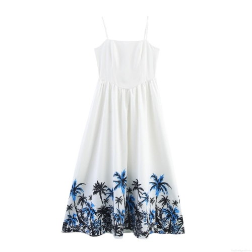 Women's Summer Beach Vacation Coconut Tree Print Maxi Slip Dress Sexy Backless Lace-up High Waist Sleeveless Polyester Long Dress