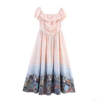 Women Vintage Renaissance Oil Painting Print Maxi Dress Puff Sleeve Square Neck Smocked Gradient Pink Classical Court Style Slim Fit Long Dress