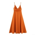 Women Elegant Beaded Strap Maxi Dress V-Neck High Waist A-Line Long Dress For Beach Holiday Party Solid Color Orange Sleeveless Flowy Gown