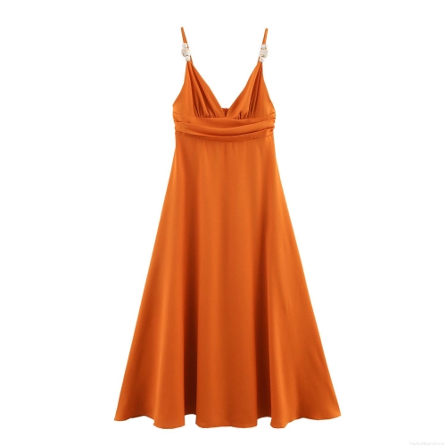 Women Elegant Beaded Strap Maxi Dress V-Neck High Waist A-Line Long Dress For Beach Holiday Party Solid Color Orange Sleeveless Flowy Gown