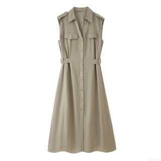 Women's Casual Sleeveless Shirt Dress V Neck Button Down Maxi Dress With Flap Pockets Waist Adjuster Linen Blend A-Line Long Skirt For Women Daily Office Travel