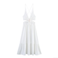 Women's Vacation Solid White Backless Maxi Dress Polyester V-Neck Spaghetti Strap Lace-Up Cutout Ruffle Hem Dress For Summer Beach Party